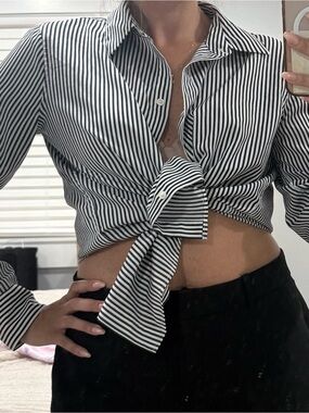 DKNY Black & White Striped Tie-Front Button Down Shirt